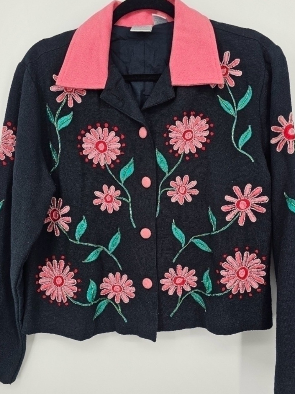 Vintage Blue Bayou Pink Floral Embroidered‎ Jacket - Size M